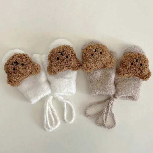 1-4y Cartoon Bear Baby Mittens Winter Warm Kids Baby Girl Gloves Knitted Children Toddler Thick Teething Mitten Handschoen