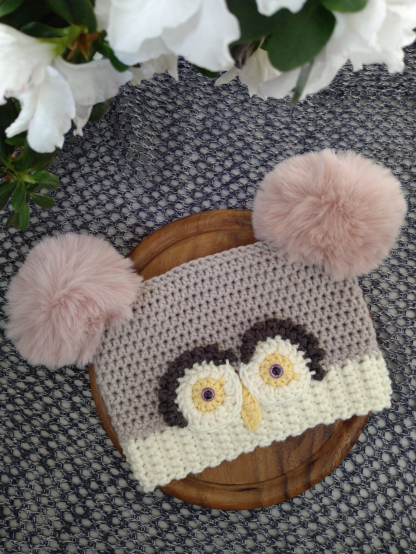 Rustic Owl Baby Hat With Pompoms