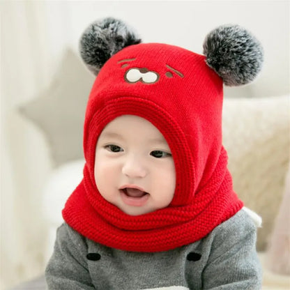 Baby Knit Short Plush Inlayer Hooded Scarf Kid Hat and Scarf