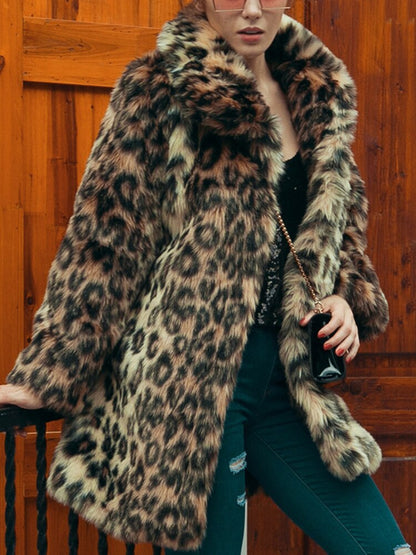 Leopard Print Faux Fur Coat Women