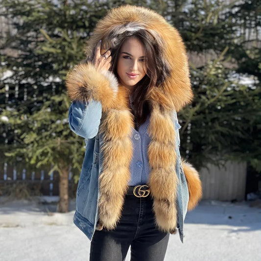 Maomaokong Natural Fox Fur Big Fur Collar Denim Winter Coat Loose Fashion Fur Detachable Lining Park Parker Leather Jacket Women