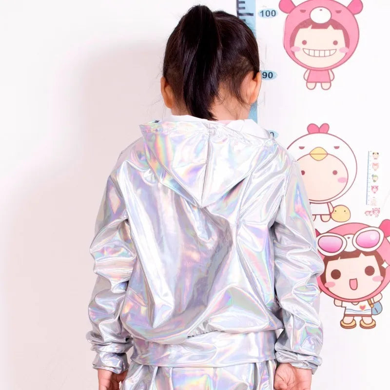 2022 New Spring Autumn Kids Bomber Jacket Stage Performance Wear Paillette Feminina Casaco Fluorescence Hip Hop Dance Coat