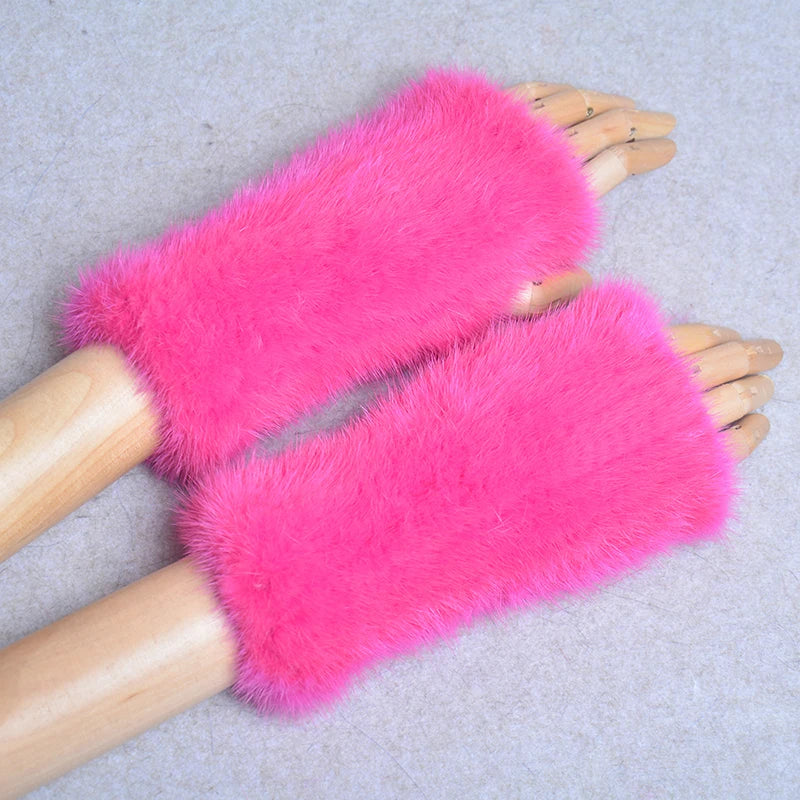 New Women 100% Real Genuine Knitted Mink Fur Mittens Winter Warm Lady Real Fur Fingerless Gloves Handmade Knit Mink Fur Mitten