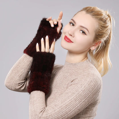 New Women 100% Real Genuine Knitted Mink Fur Mittens Winter Warm Lady Real Fur Fingerless Gloves Handmade Knit Mink Fur Mitten