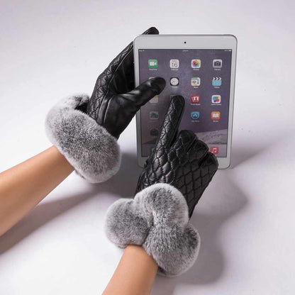 MWFur FashionRex Rabbit Fur Gloves Touchscreen Fashion Mittens Leather Gloves Touchscreen Fashion Tight Leather Gloves For