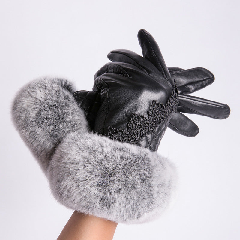 MWFur FashionRex Rabbit Fur Gloves Touchscreen Fashion Mittens Leather Gloves Touchscreen Fashion Tight Leather Gloves For