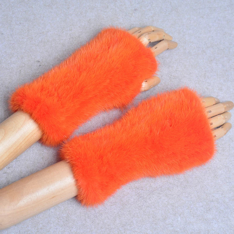 New Women 100% Real Genuine Knitted Mink Fur Mittens Winter Warm Lady Real Fur Fingerless Gloves Handmade Knit Mink Fur Mitten