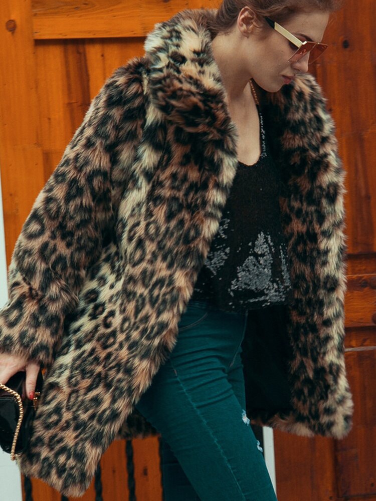 Leopard Print Faux Fur Coat Women