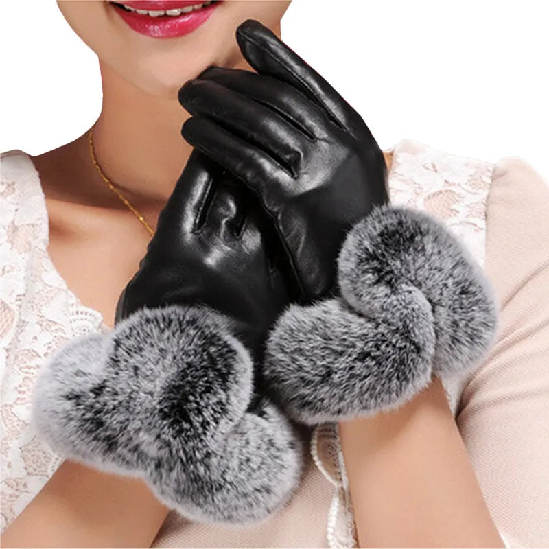 Women Winter Gloves Faux Rabbit PU Leather Touch Screen Mittens Lady Female Outdoor Driving Warm Gloves